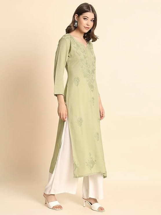 women's rayon kurta with round neck lucknowi chickenkari work straight cut | kurta for women office women's rayon kurta with round neck lucknowi chickenkari work straight cut | kurta for women office