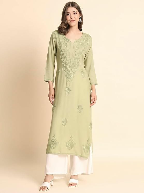 women's rayon kurta with round neck lucknowi chickenkari work straight cut | kurta for women office women's rayon kurta with round neck lucknowi chickenkari work straight cut | kurta for women office
