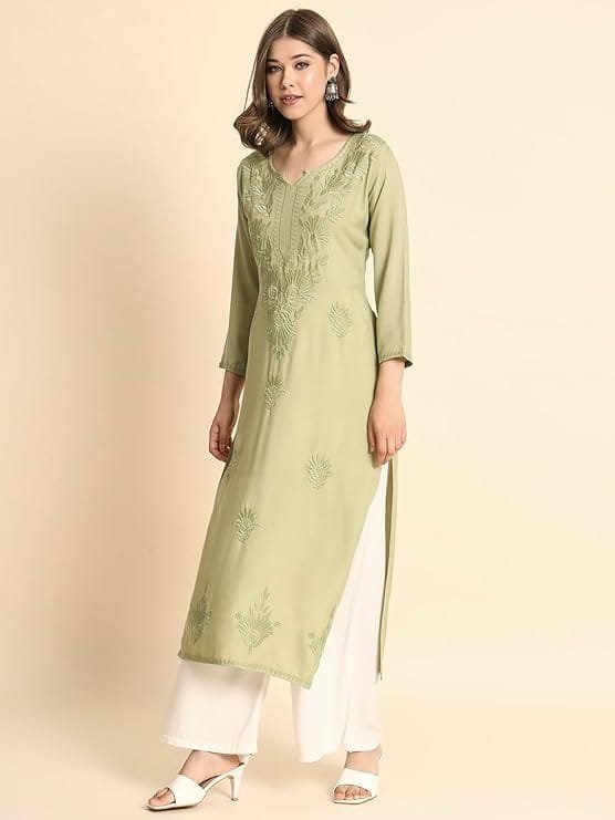 women's rayon kurta with round neck lucknowi chickenkari work straight cut | kurta for women office women's rayon kurta with round neck lucknowi chickenkari work straight cut | kurta for women office