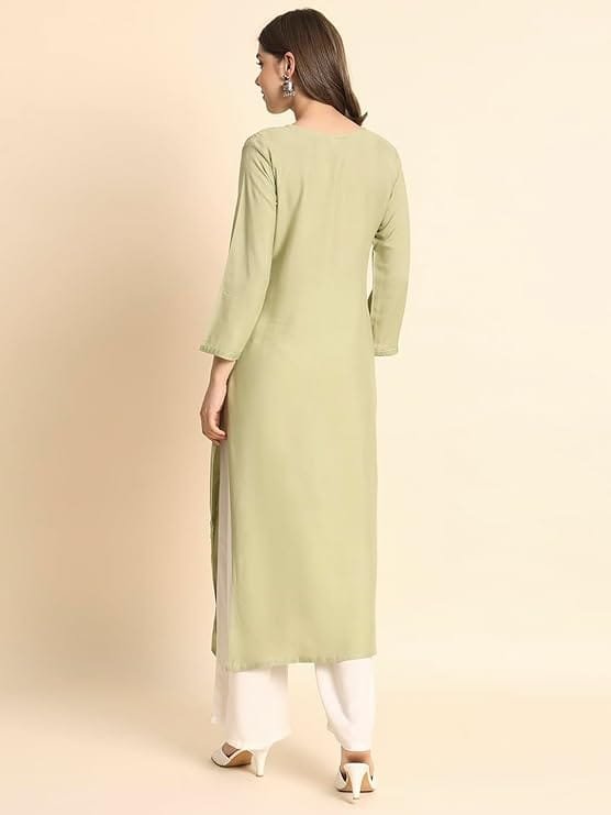 women's rayon kurta with round neck lucknowi chickenkari work straight cut | kurta for women office women's rayon kurta with round neck lucknowi chickenkari work straight cut | kurta for women office