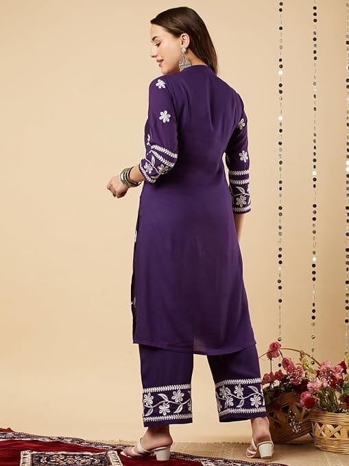 women's cotton blend straight chikankari embroidered kurta with palazzo set women's cotton blend straight chikankari embroidered kurta with palazzo set