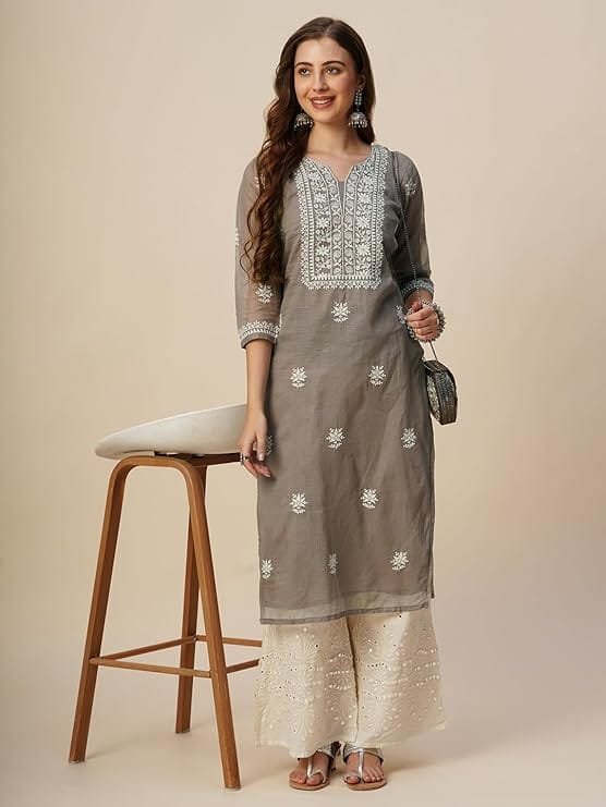naqkahi muga cotton straight lucknowi chikankari ethnic wear kurta for women naqkahi muga cotton straight lucknowi chikankari ethnic wear kurta for women