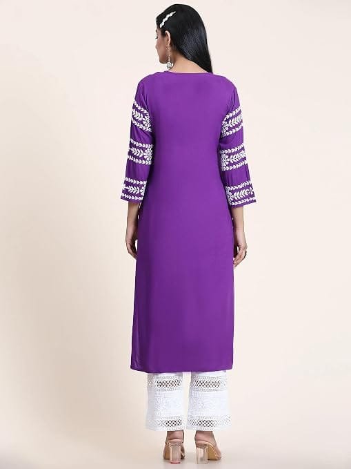 women's rayon blend chikankari embroidered straight fit kurta | round neck | 3/4 sleeves women's rayon blend chikankari embroidered straight fit kurta | round neck | 3/4 sleeves