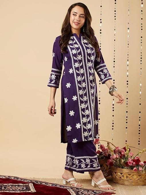women's cotton blend straight chikankari embroidered kurta with palazzo set women's cotton blend straight chikankari embroidered kurta with palazzo set