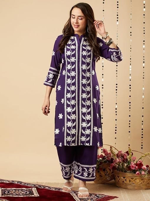 women's cotton blend straight chikankari embroidered kurta with palazzo set women's cotton blend straight chikankari embroidered kurta with palazzo set