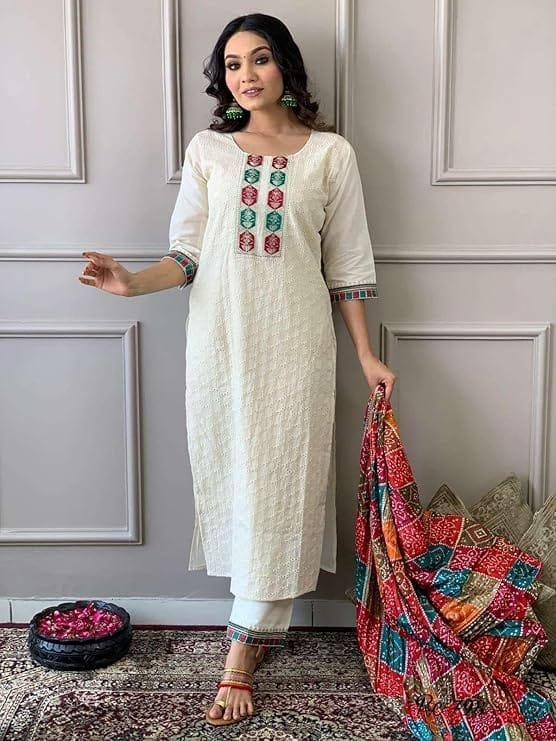 women's cotton chikankari print straight kurti with pant and mulmul dupatta set women's cotton chikankari print straight kurti with pant and mulmul dupatta set