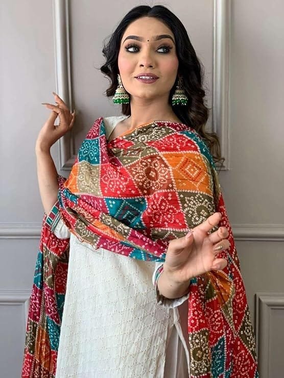 women's cotton chikankari print straight kurti with pant and mulmul dupatta set women's cotton chikankari print straight kurti with pant and mulmul dupatta set
