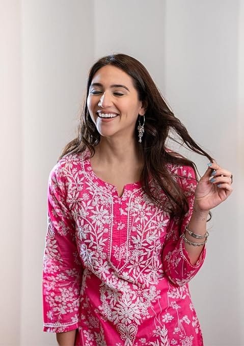 cotton blend embroidered straight kurta for women | cotton blend pink | 3/4 sleeve | round neck v slit | ethnic wear casual wear cotton blend embroidered straight kurta for women | cotton blend pink | 3/4 sleeve | round neck v slit | ethnic wear casual wear
