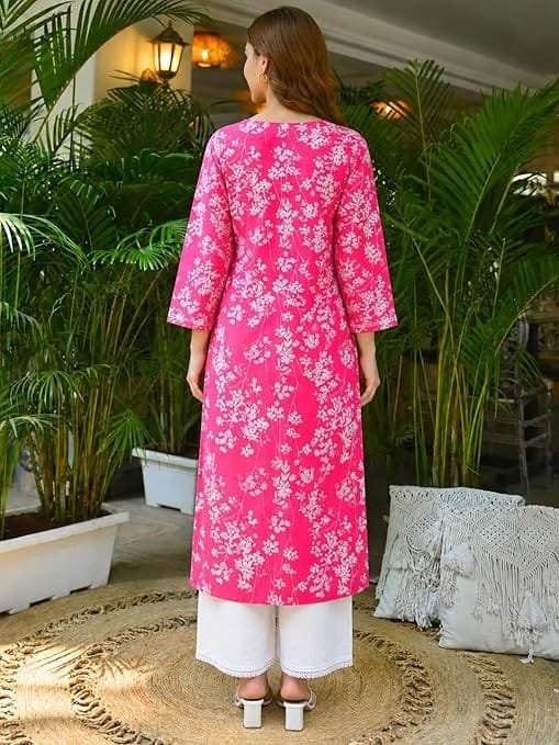 cotton blend embroidered straight kurta for women | cotton blend pink | 3/4 sleeve | round neck v slit | ethnic wear casual wear cotton blend embroidered straight kurta for women | cotton blend pink | 3/4 sleeve | round neck v slit | ethnic wear casual wear