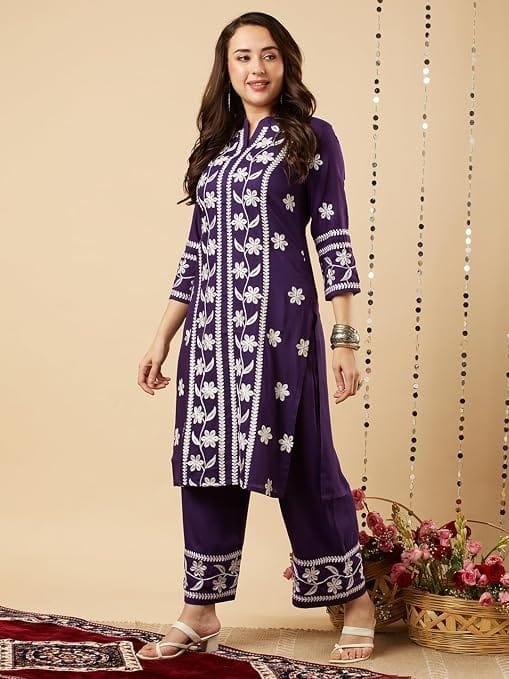 women's cotton blend straight chikankari embroidered kurta with palazzo set women's cotton blend straight chikankari embroidered kurta with palazzo set