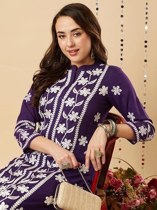 women's cotton blend straight chikankari embroidered kurta with palazzo set women's cotton blend straight chikankari embroidered kurta with palazzo set