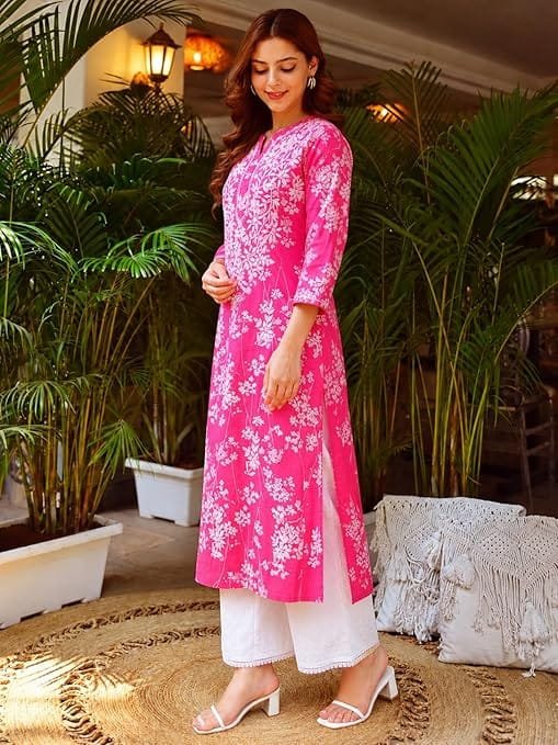 cotton blend embroidered straight kurta for women | cotton blend pink | 3/4 sleeve | round neck v slit | ethnic wear casual wear cotton blend embroidered straight kurta for women | cotton blend pink | 3/4 sleeve | round neck v slit | ethnic wear casual wear