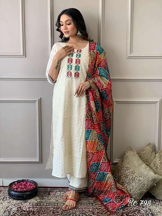 women's cotton chikankari print straight kurti with pant and mulmul dupatta set women's cotton chikankari print straight kurti with pant and mulmul dupatta set