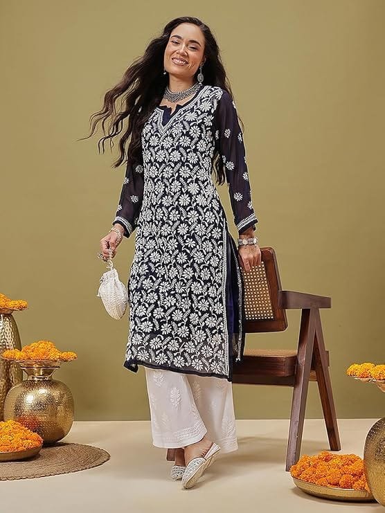 women's georgette embroidered regular fit lucknow chikankari georgette kurta kurti with slip women's georgette embroidered regular fit lucknow chikankari georgette kurta kurti with slip