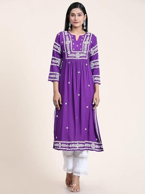 women's rayon blend chikankari embroidered straight fit kurta | round neck | 3/4 sleeves women's rayon blend chikankari embroidered straight fit kurta | round neck | 3/4 sleeves