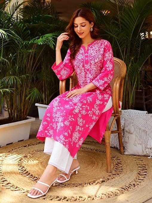 cotton blend embroidered straight kurta for women | cotton blend pink | 3/4 sleeve | round neck v slit | ethnic wear casual wear cotton blend embroidered straight kurta for women | cotton blend pink | 3/4 sleeve | round neck v slit | ethnic wear casual wear