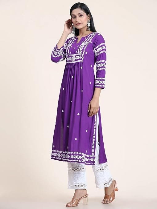 women's rayon blend chikankari embroidered straight fit kurta | round neck | 3/4 sleeves women's rayon blend chikankari embroidered straight fit kurta | round neck | 3/4 sleeves