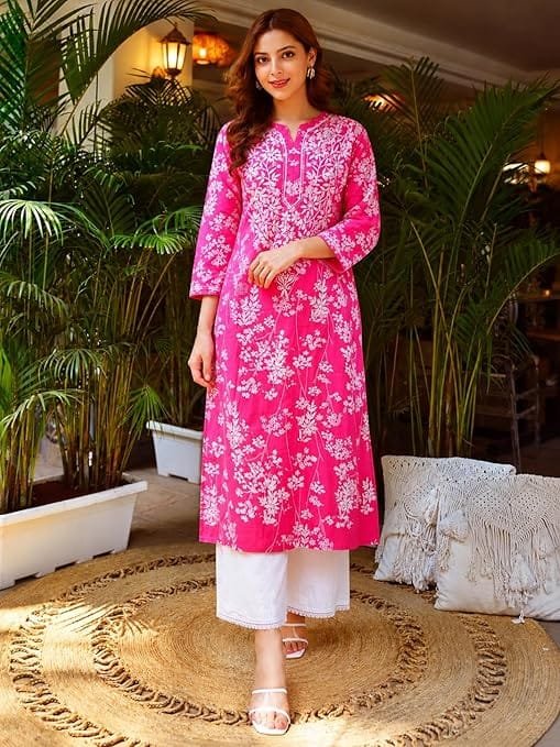 cotton blend embroidered straight kurta for women | cotton blend pink | 3/4 sleeve | round neck v slit | ethnic wear casual wear cotton blend embroidered straight kurta for women | cotton blend pink | 3/4 sleeve | round neck v slit | ethnic wear casual wear
