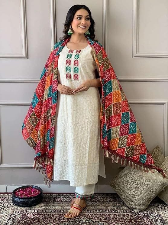 women's cotton chikankari print straight kurti with pant and mulmul dupatta set women's cotton chikankari print straight kurti with pant and mulmul dupatta set