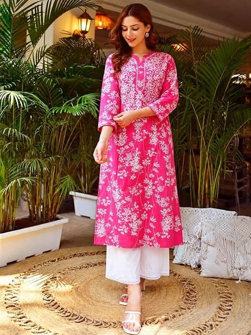 cotton blend embroidered straight kurta for women | cotton blend pink | 3/4 sleeve | round neck v slit | ethnic wear casual wear cotton blend embroidered straight kurta for women | cotton blend pink | 3/4 sleeve | round neck v slit | ethnic wear casual wear