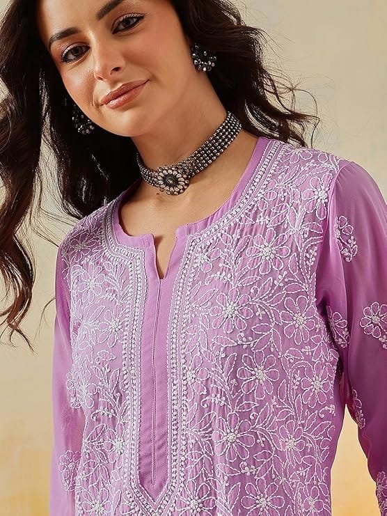 lucknow chikankari hand embroidered faux georgette kurta kurti tunic dress for women lucknow chikankari hand embroidered faux georgette kurta kurti tunic dress for women