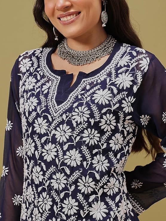 women's georgette embroidered regular fit lucknow chikankari georgette kurta kurti with slip women's georgette embroidered regular fit lucknow chikankari georgette kurta kurti with slip