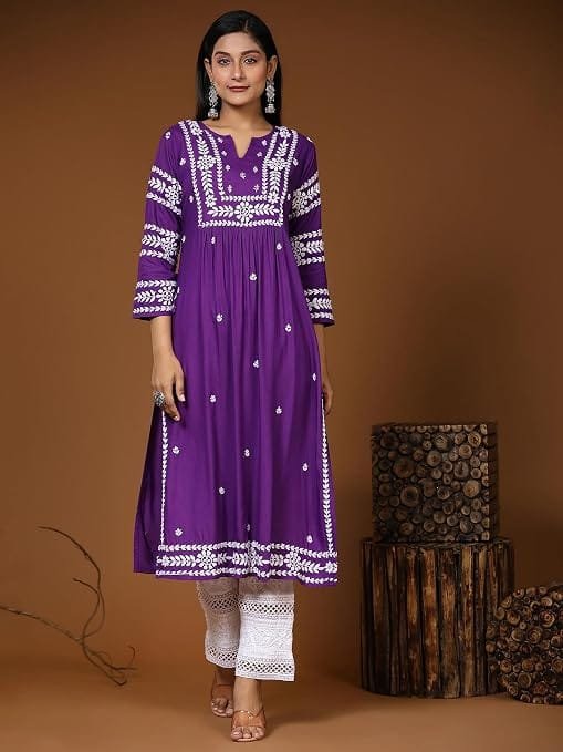 women's rayon blend chikankari embroidered straight fit kurta | round neck | 3/4 sleeves women's rayon blend chikankari embroidered straight fit kurta | round neck | 3/4 sleeves