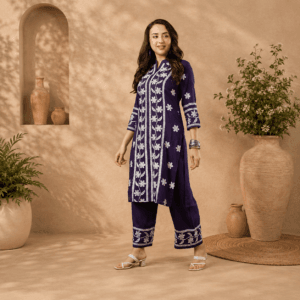 women's cotton blend straight chikankari embroidered kurta with palazzo set