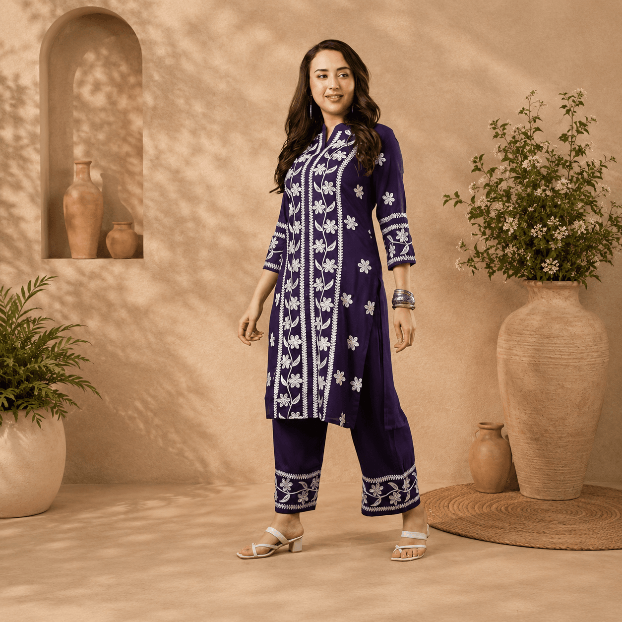 women's cotton blend straight chikankari embroidered kurta with palazzo set women's cotton blend straight chikankari embroidered kurta with palazzo set