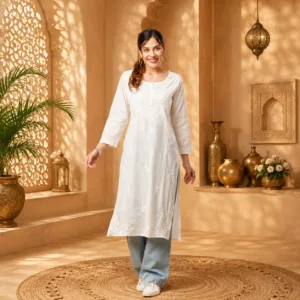 Home naqkashi women's pure cotton regular fit chikankari hand embroidered lucknow kurta