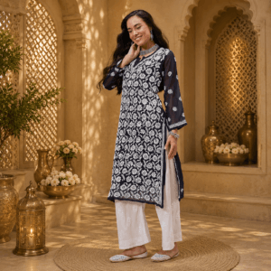 women's georgette embroidered regular fit lucknow chikankari georgette kurta kurti with slip