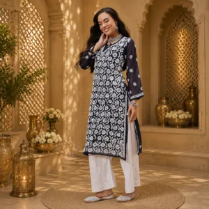 Home women's georgette embroidered regular fit lucknow chikankari georgette kurta kurti with slip