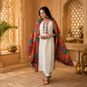 Home women's cotton chikankari print straight kurti with pant and mulmul dupatta set
