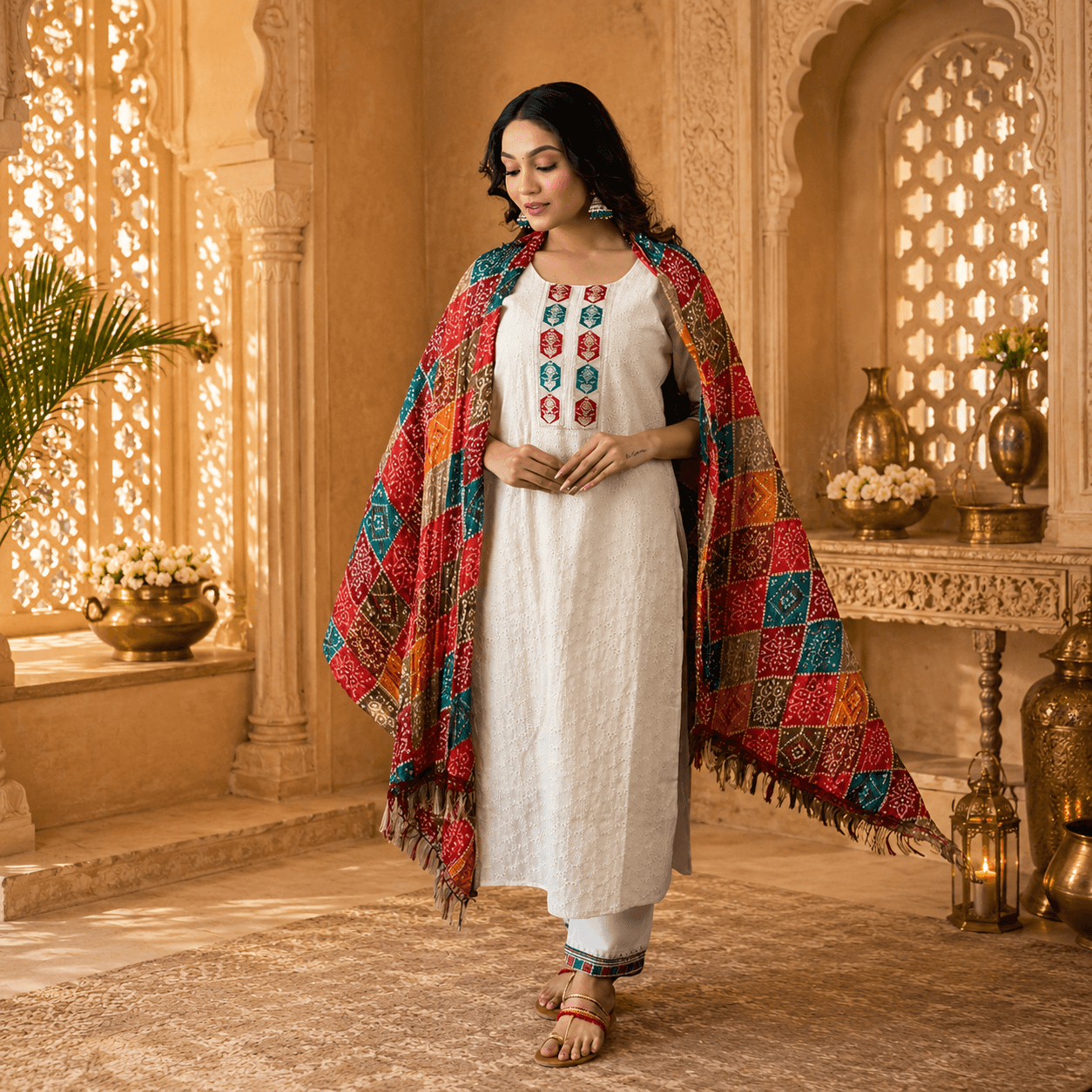 women's cotton chikankari print straight kurti with pant and mulmul dupatta set women's cotton chikankari print straight kurti with pant and mulmul dupatta set