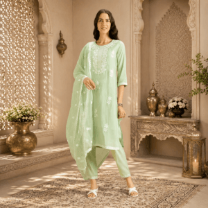 women's solid color kurta set with dupatta straight fit | silk blend fabric | placement embroidery on neck | organza dupatta with booti work | straight pant with side pocket & hem embroidery