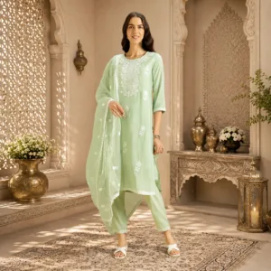 Home women's solid color kurta set with dupatta straight fit | silk blend fabric | placement embroidery on neck | organza dupatta with booti work | straight pant with side pocket & hem embroidery